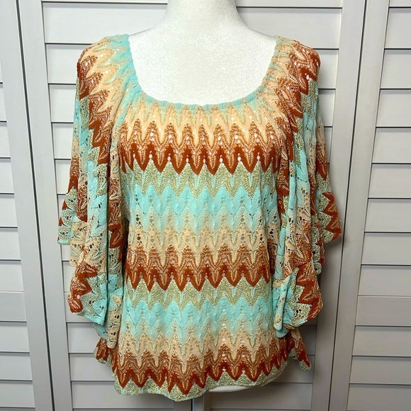 Pho Firenze Knit Chevron Print Flared Sleeve Metallic Boho Top Size Small - Picture 1 of 8